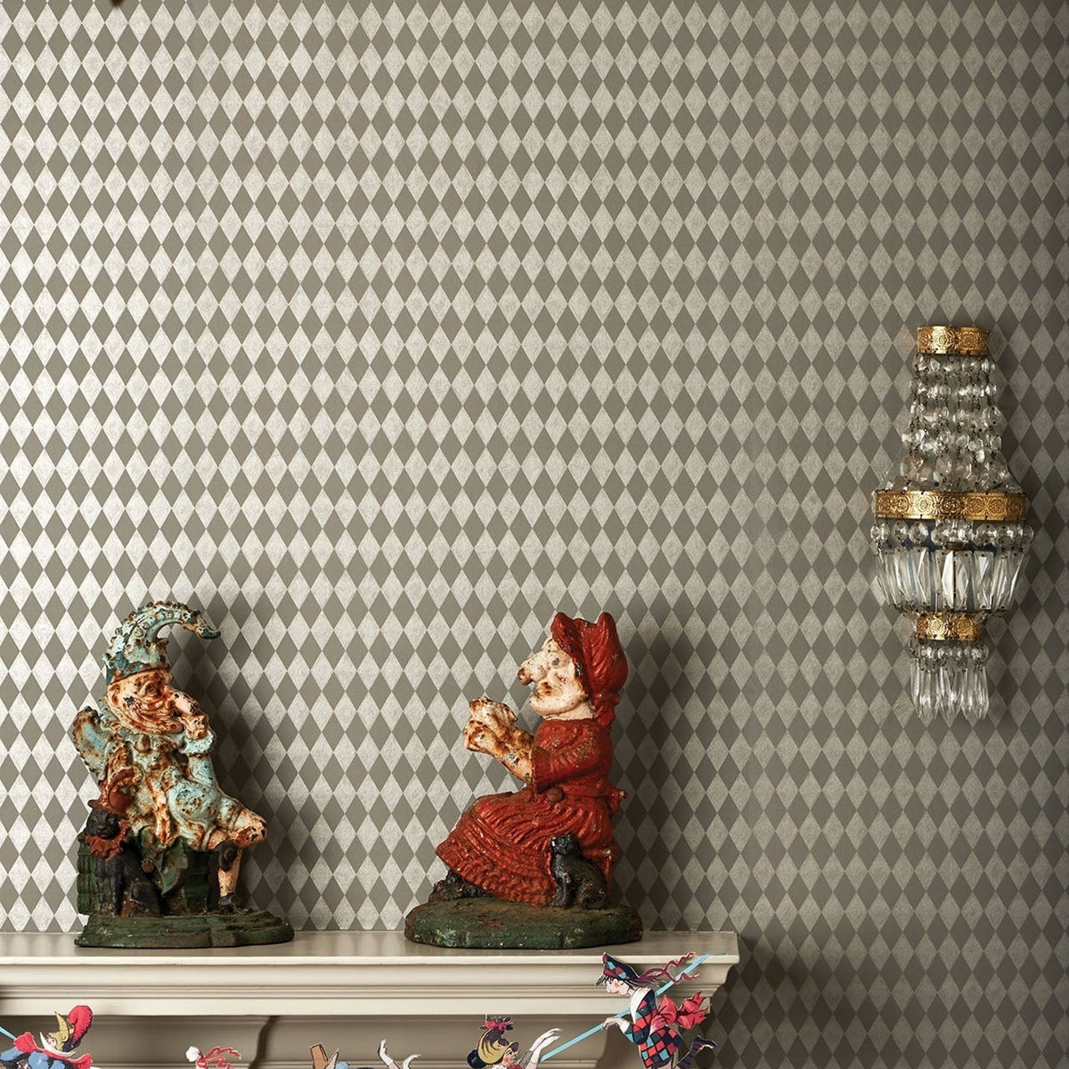 Cole & Son titania wallpaper in Metallic Pewter on Soot — lifestyle