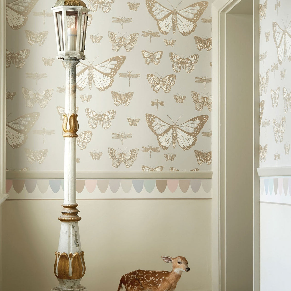 Cole & Son butterflies dragonflies wallpaper in Metallic Gilver & White on Stone — lifestyle