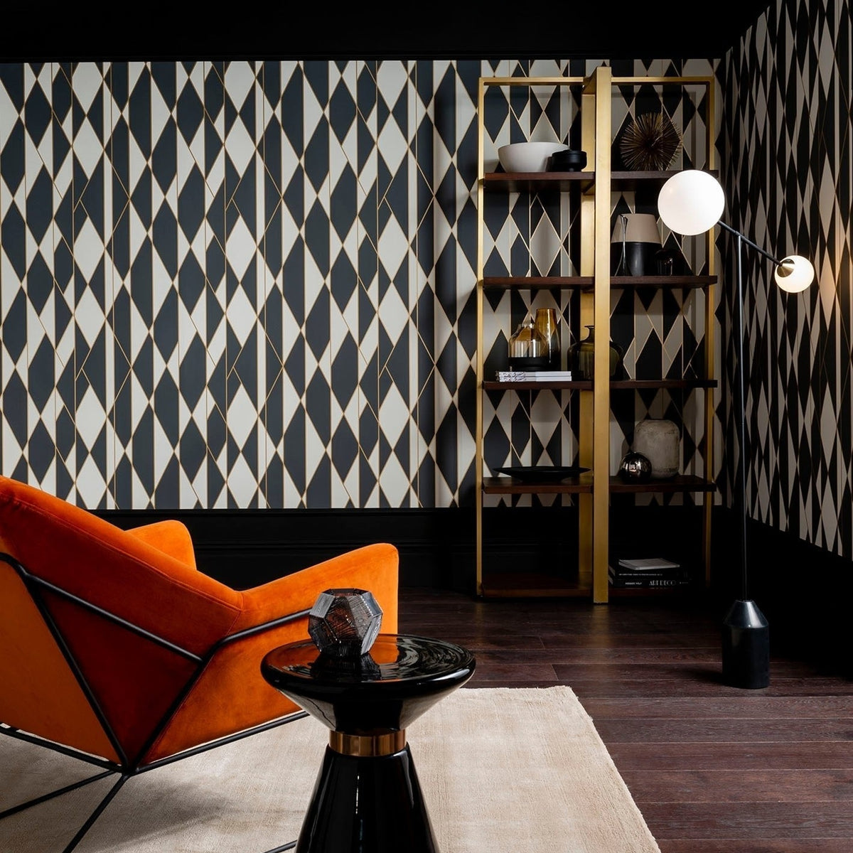 Cole & Son oblique wallpaper in Black, White and Metallic Gold — lifestyle