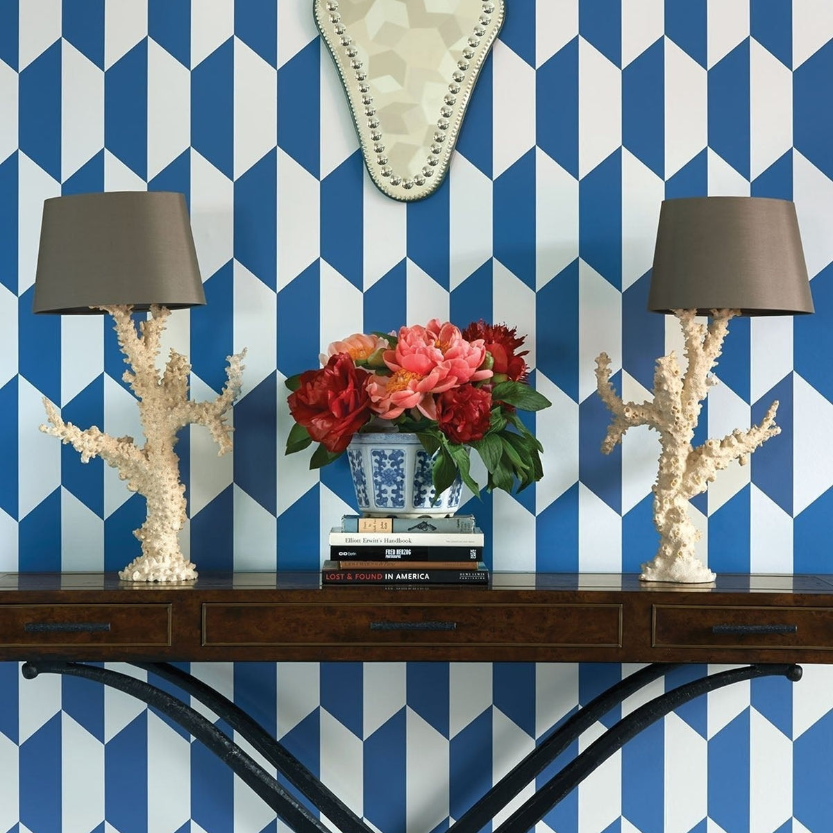 Cole & Son tile wallpaper in White & China Blue — lifestyle