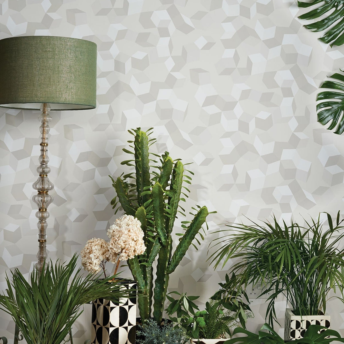 Cole & Son puzzle wallpaper in Chalk & Stone on Parchment — lifestyle