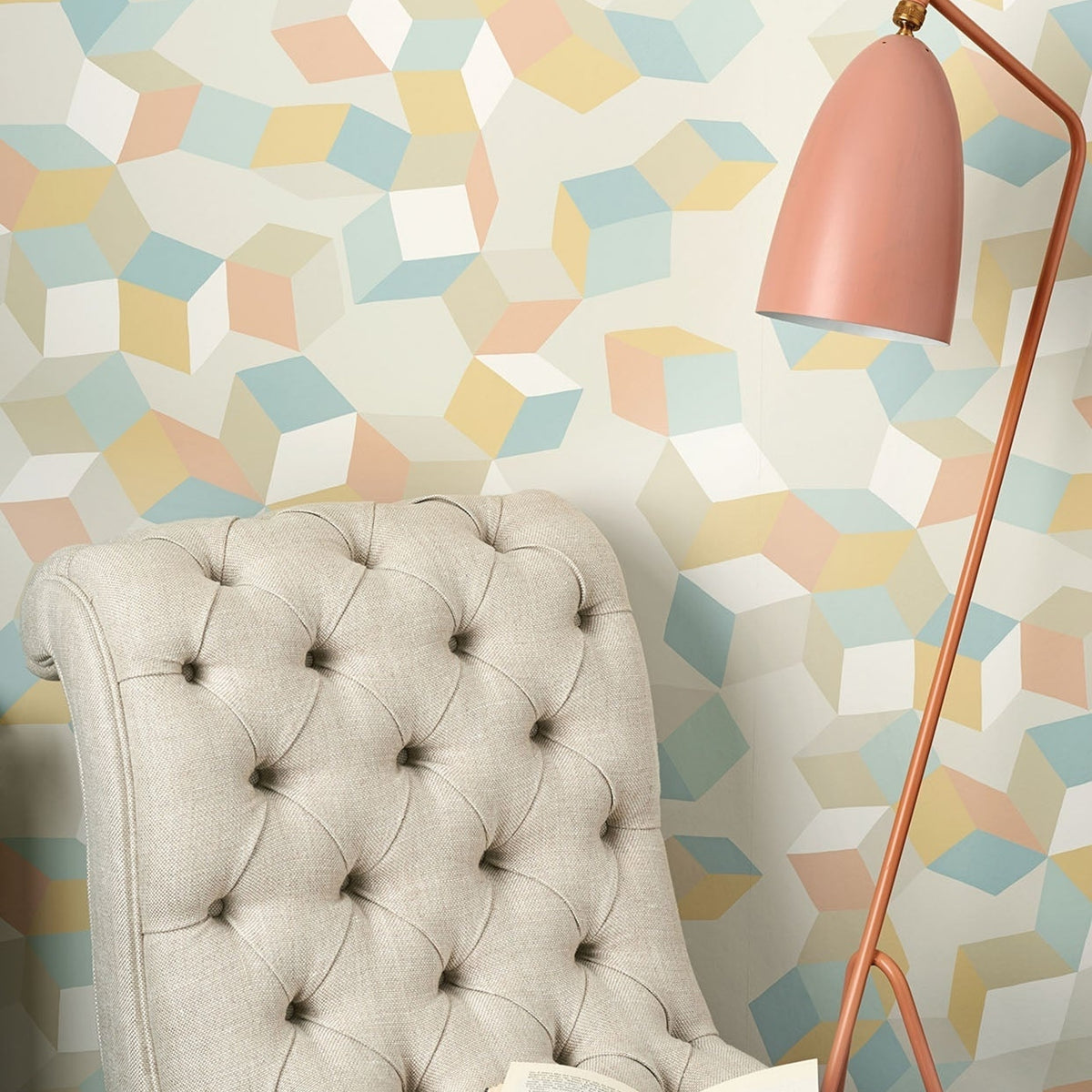 Cole & Son puzzle wallpaper in Duck Egg & Yellow on Cream — lifestyle