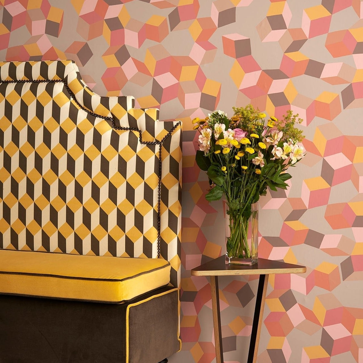 Cole & Son puzzle wallpaper in Fuchsia & Orange on Dove — lifestyle