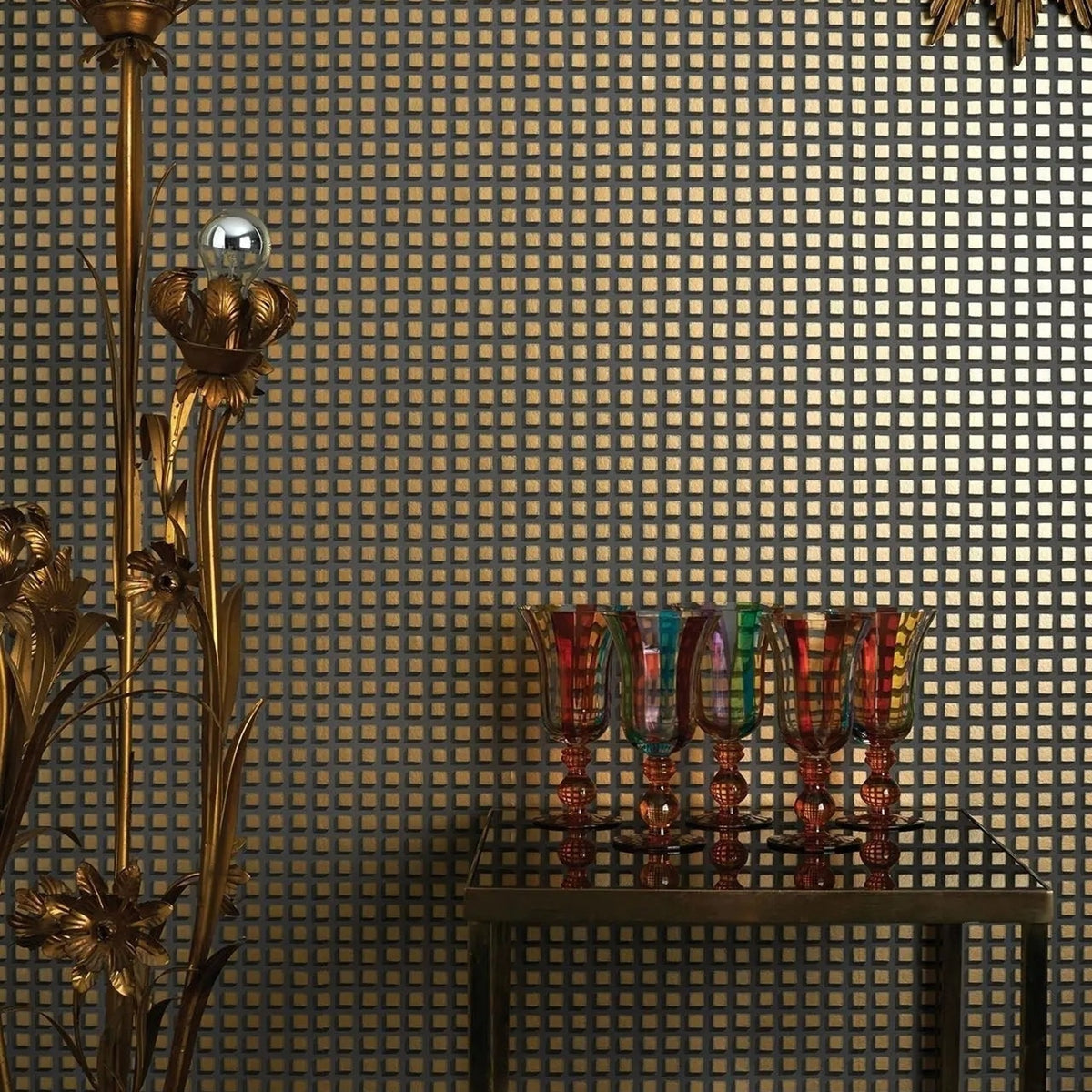 Cole & Son mosaic wallpaper in Metallic Gold on Soot — lifestyle