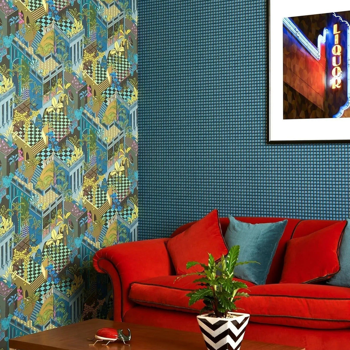 Cole & Son mosaic wallpaper in Petrol on Ink — lifestyle