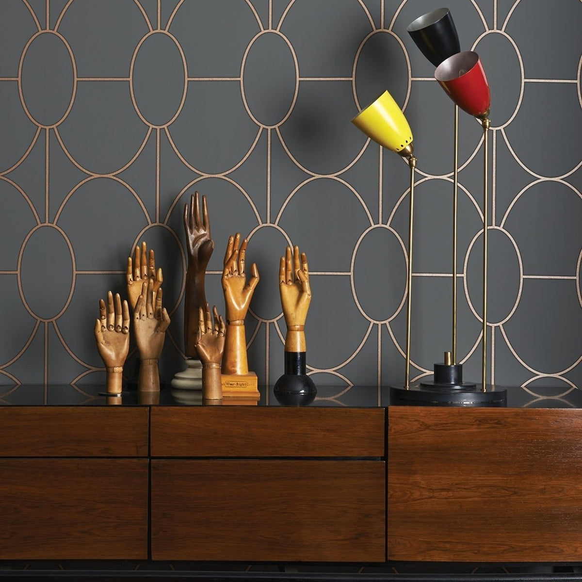 Cole & Son riveria wallpaper in Metallic Bronze on Charcoal — lifestyle
