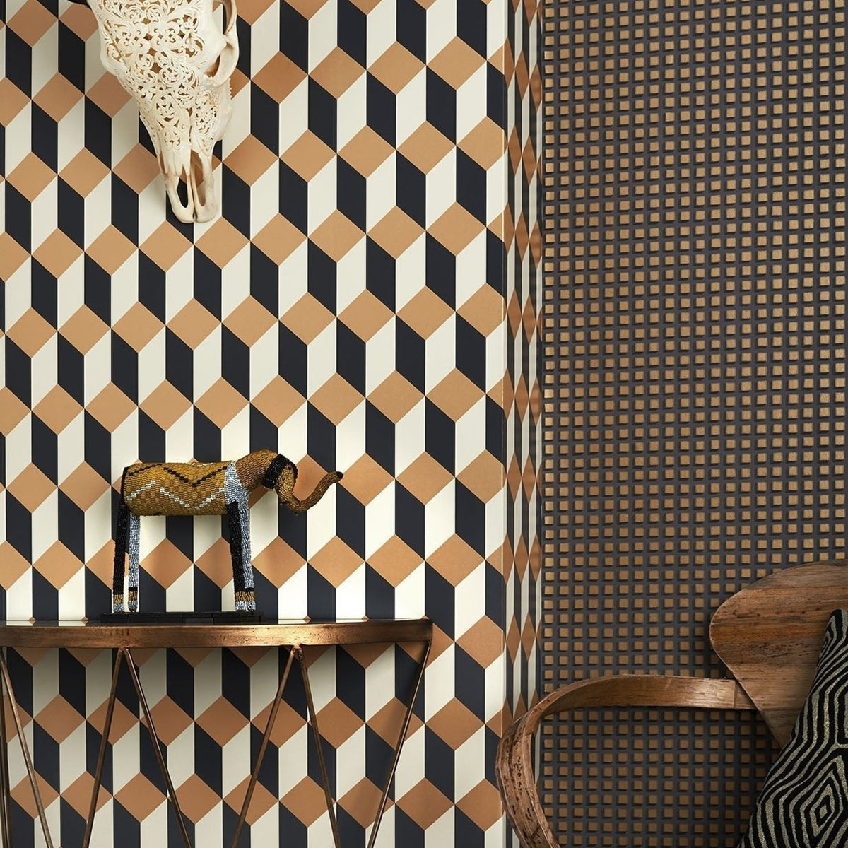Cole & Son delano wallpaper in Metallic Gold, Cream and Charcoal — lifestyle
