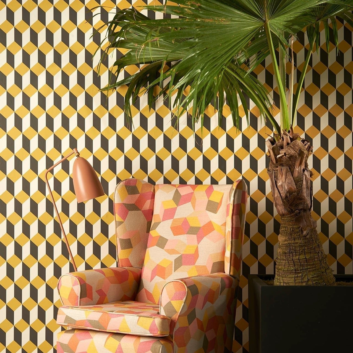 Cole & Son delano wallpaper in Yellow, White & Soot — lifestyle