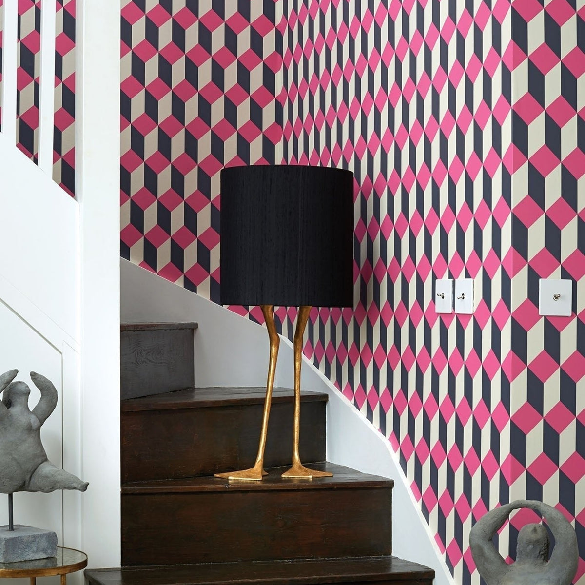 Cole & Son delano wallpaper in Magenta, White & Charcoal — lifestyle