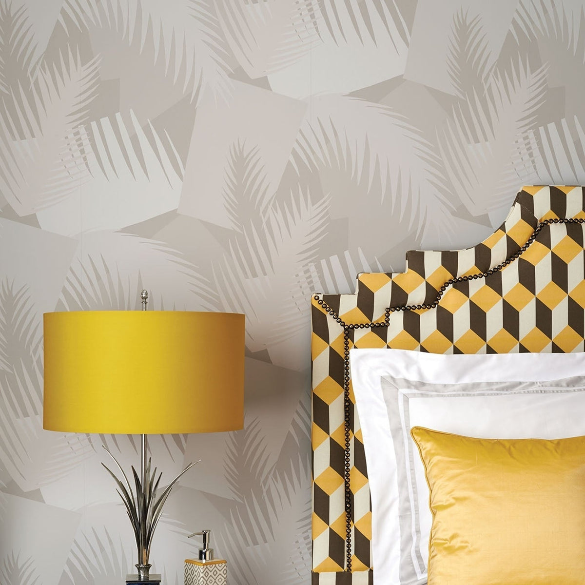 Cole & Son deco palm wallpaper in Parchment on Stone — lifestyle