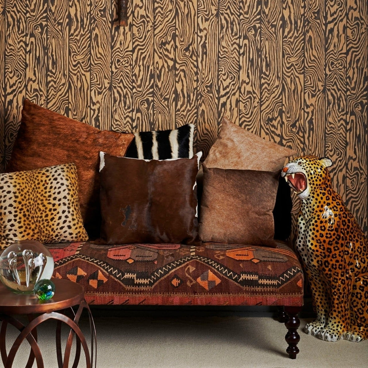 Cole & Son zebrawood wallpaper in Soot on Spice — lifestyle