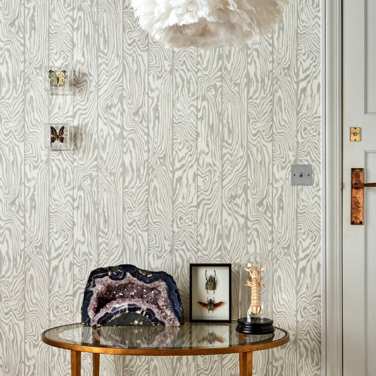 Cole & Son zebrawood wallpaper in Grey on White — lifestyle