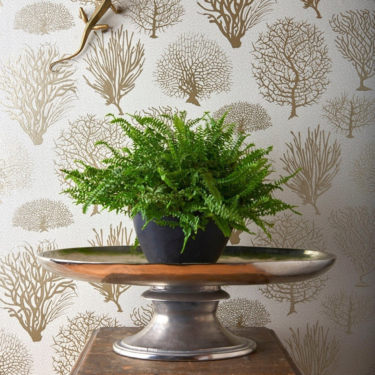 Cole & Son seafern wallpaper in Metallic Gilver on Stone — lifestyle
