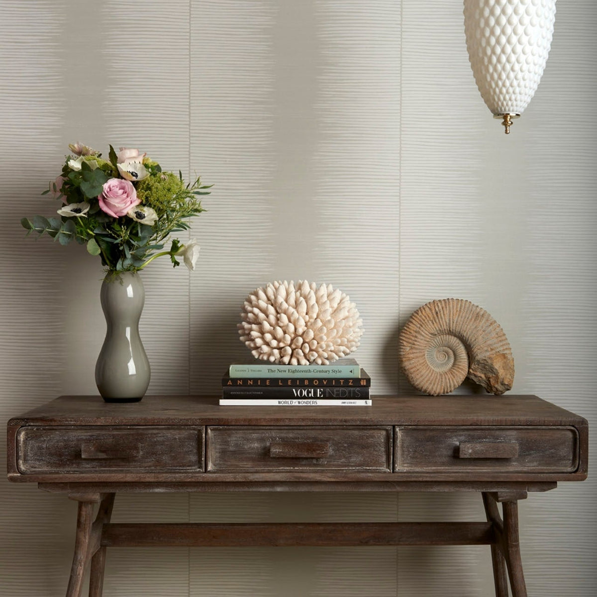 Cole & Son plume wallpaper in White on Grey — lifestyle