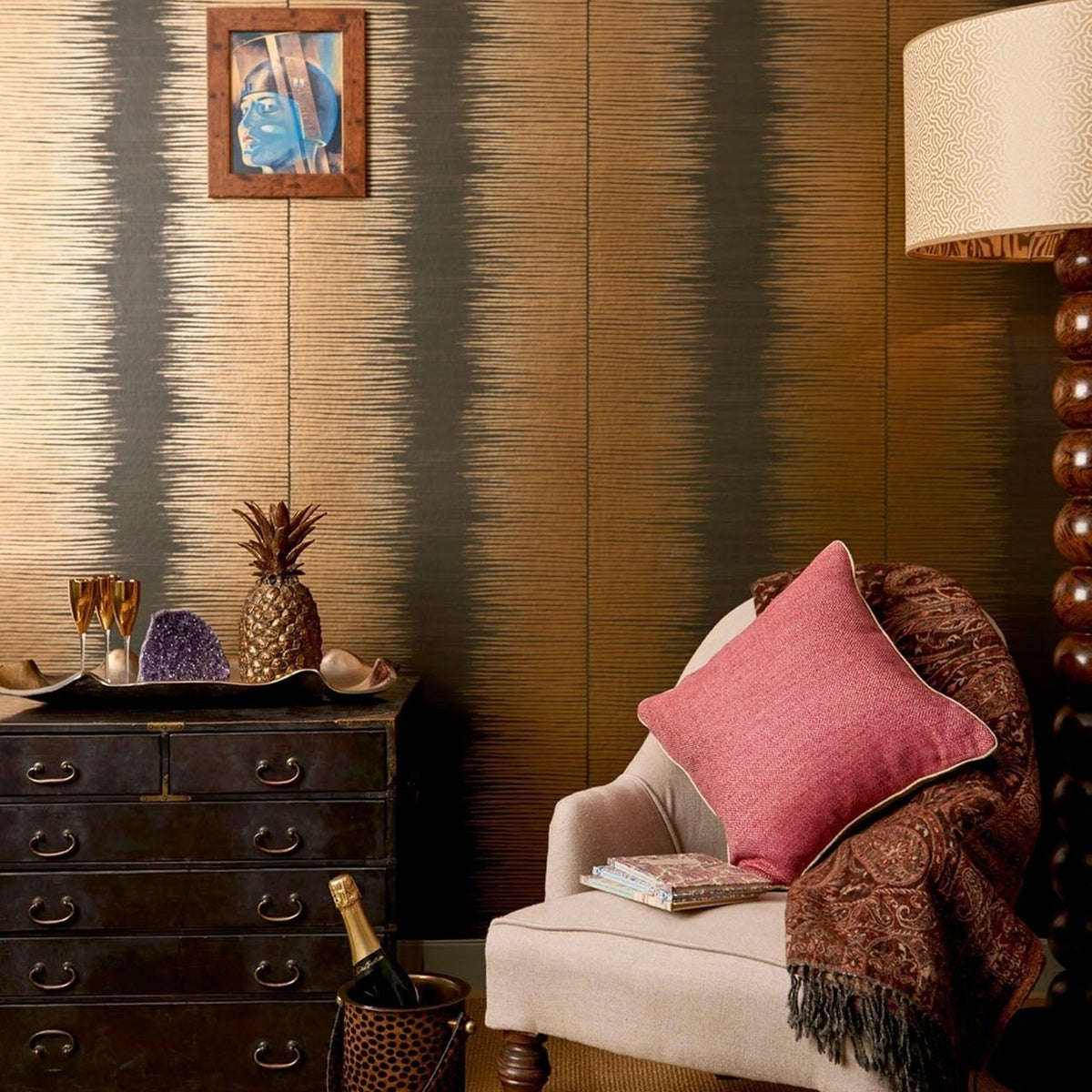 Cole & Son plume wallpaper in Metallic Bronze on Soot — lifestyle