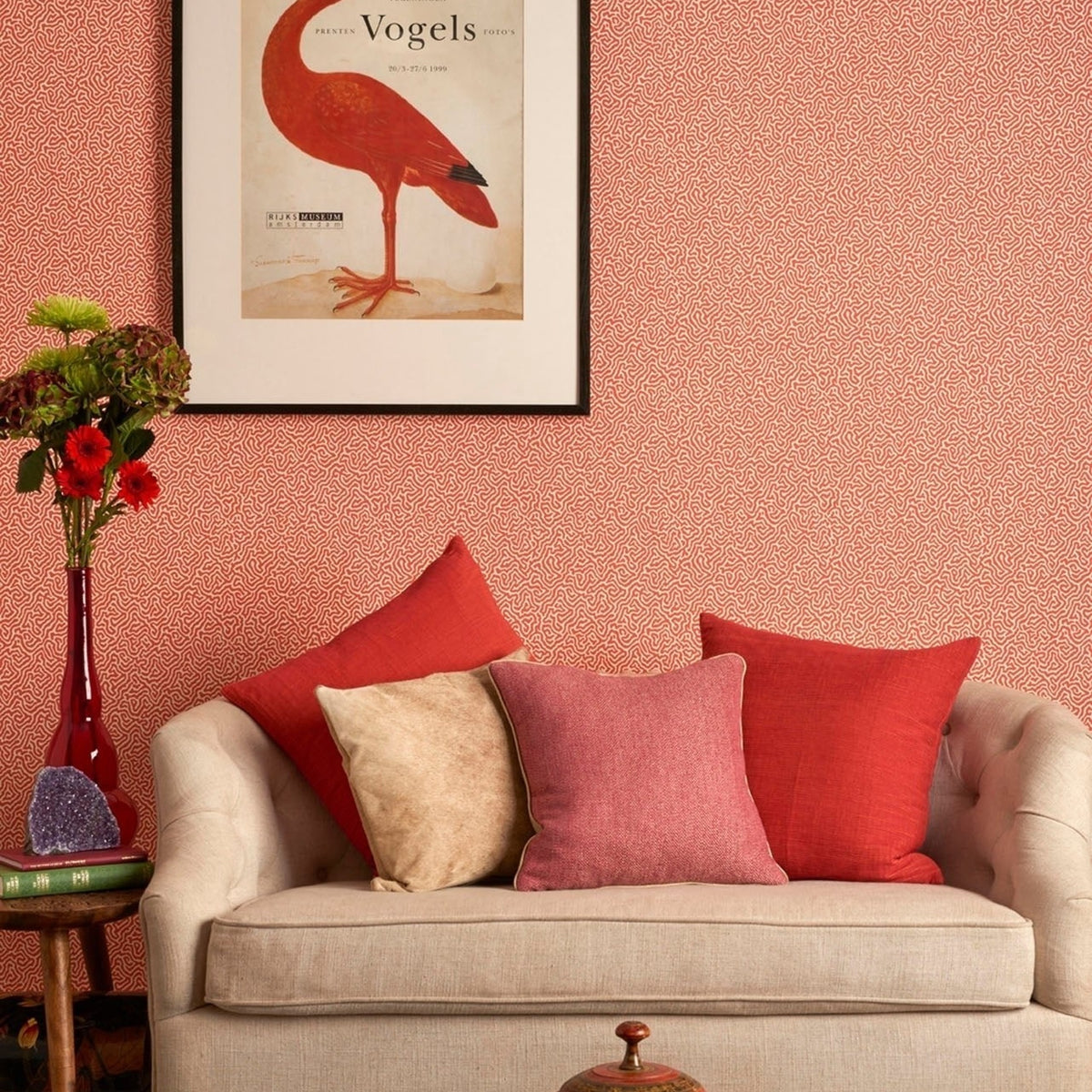 Cole & Son vermicelli wallpaper in Rouge on Cream — lifestyle