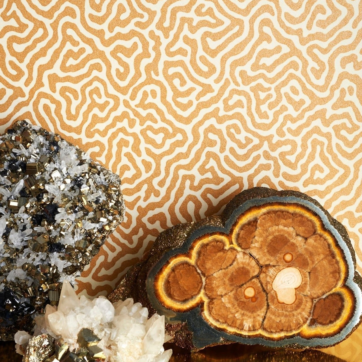 Cole & Son vermicelli wallpaper in Metallic Gold on Sand — lifestyle