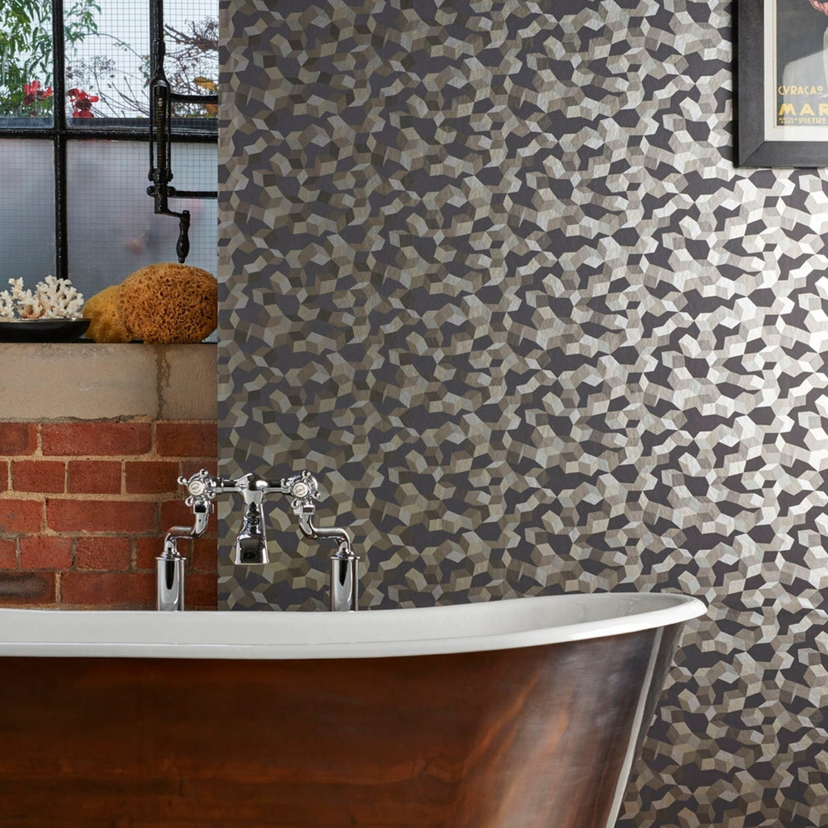 Cole & Son ingot wallpaper in Metallic Silvers on Charcoal — lifestyle