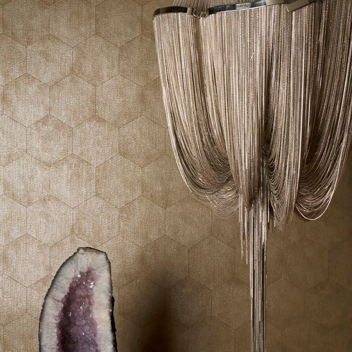 Cole & Son mineral wallpaper in Metallic Gilver on Dark Taupe — lifestyle