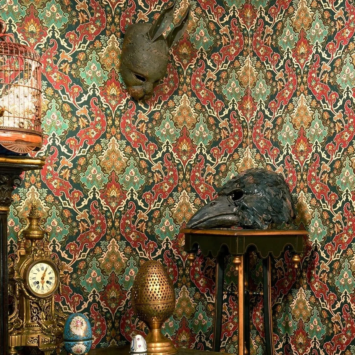 Cole & Son pushkin wallpaper in Seafoam & Red on Charcoal — lifestyle