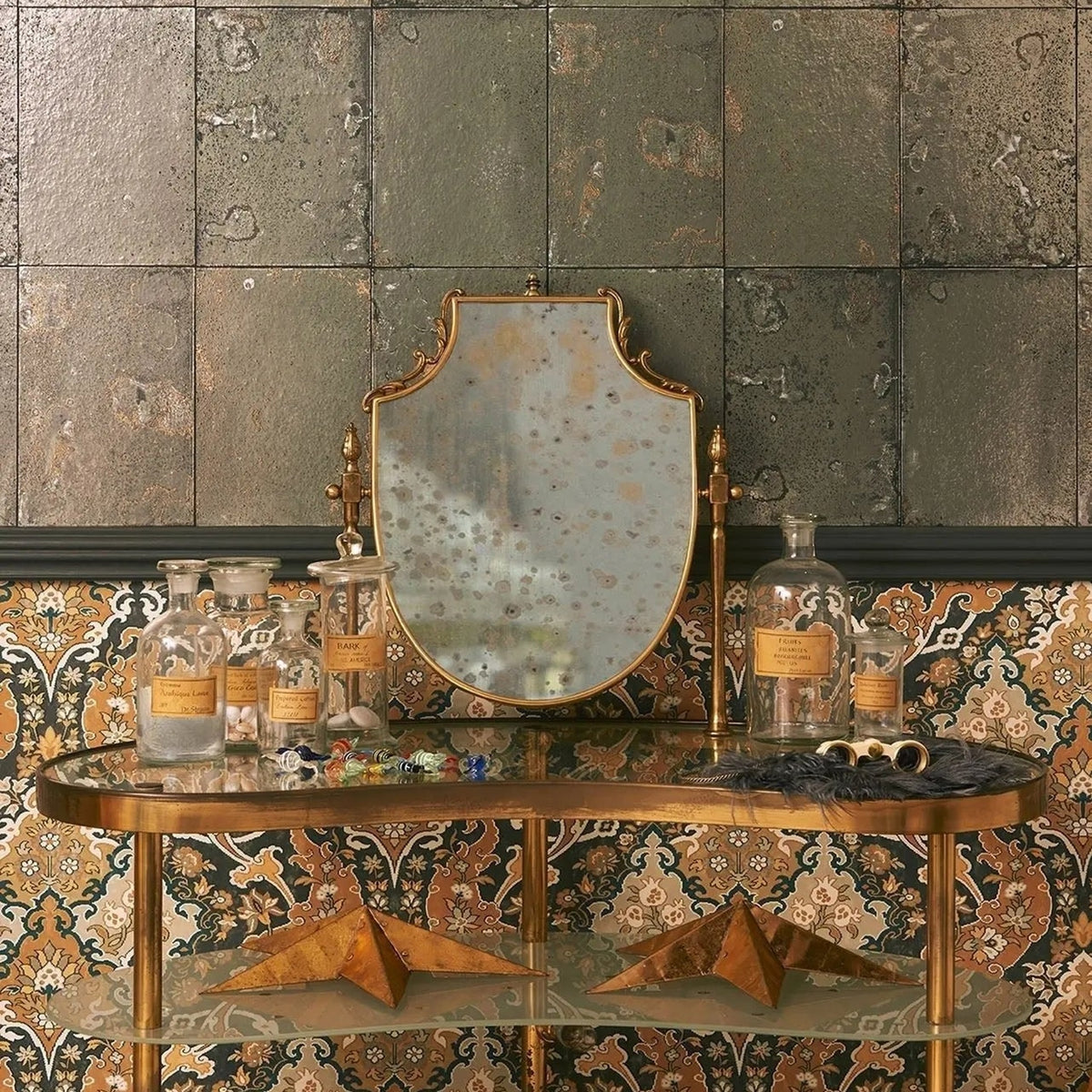 Cole & Son pushkin wallpaper in Stone & Ginger on Soot — lifestyle