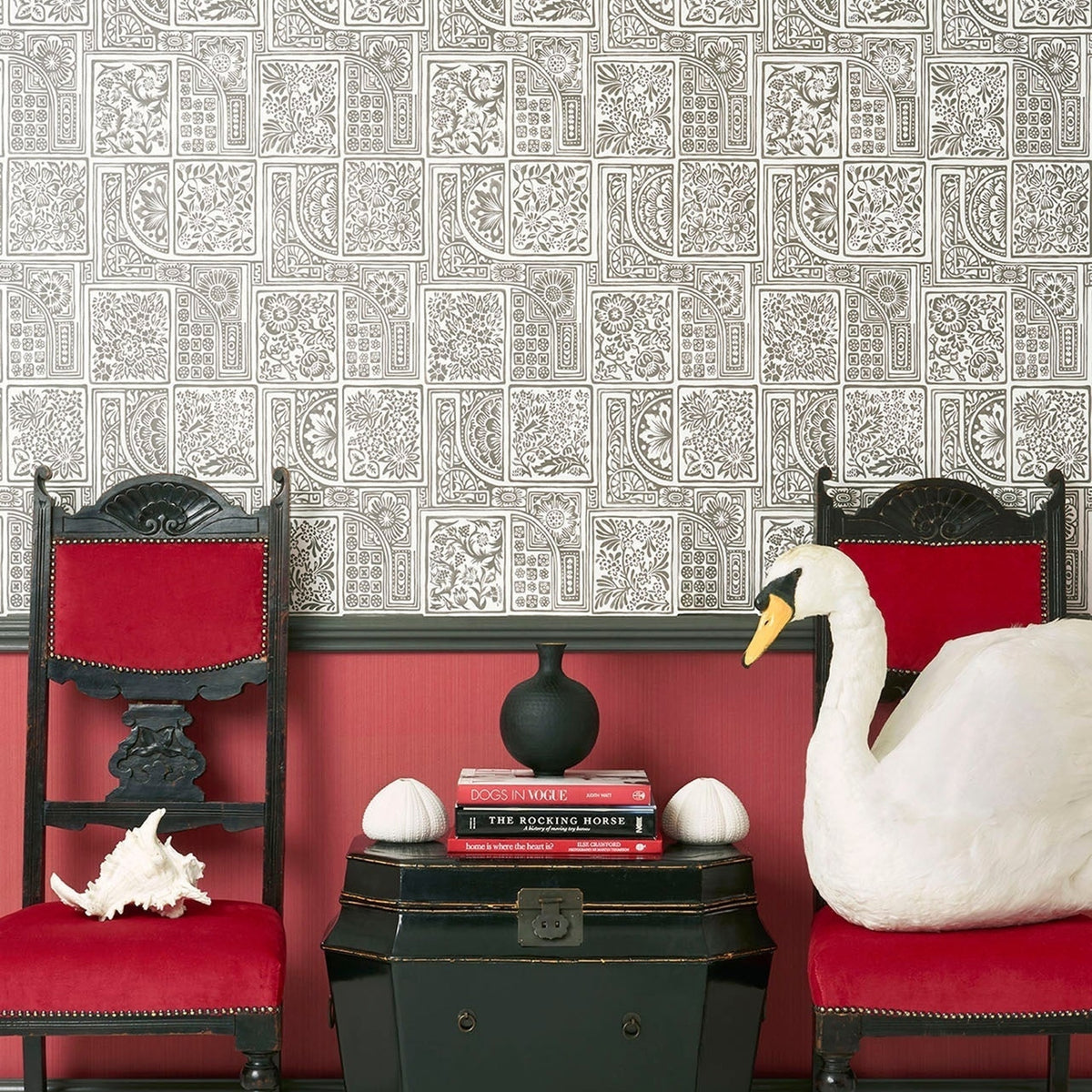 Cole & Son bellini wallpaper in Soot & Snow — lifestyle