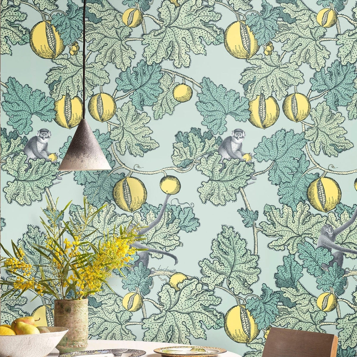 Cole & Son frutto proibito wallpaper in Print Room Blue & Lemon — lifestyle