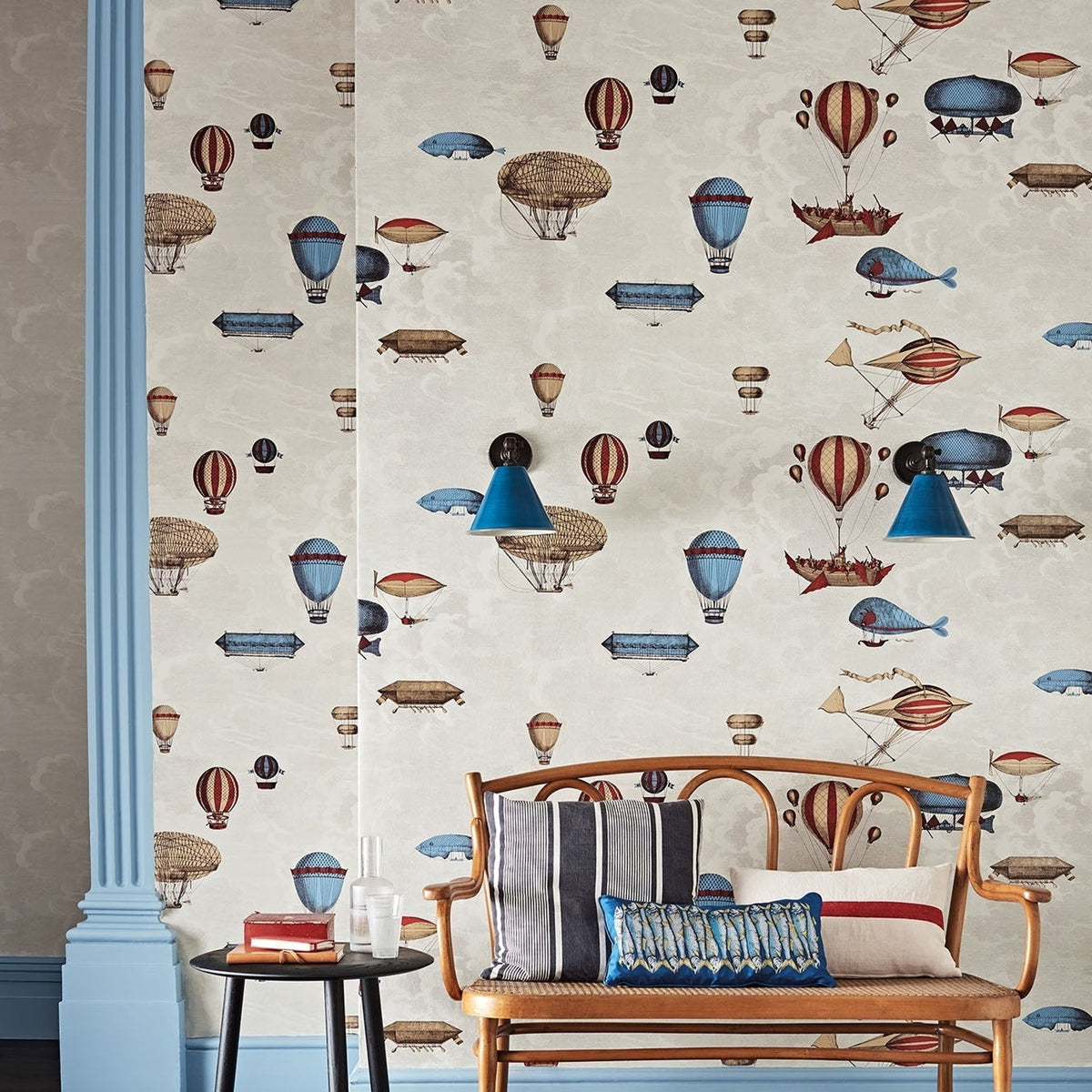 Cole & Son macchine volanti 2 wallpaper in Stone, Rouge & Blue — lifestyle