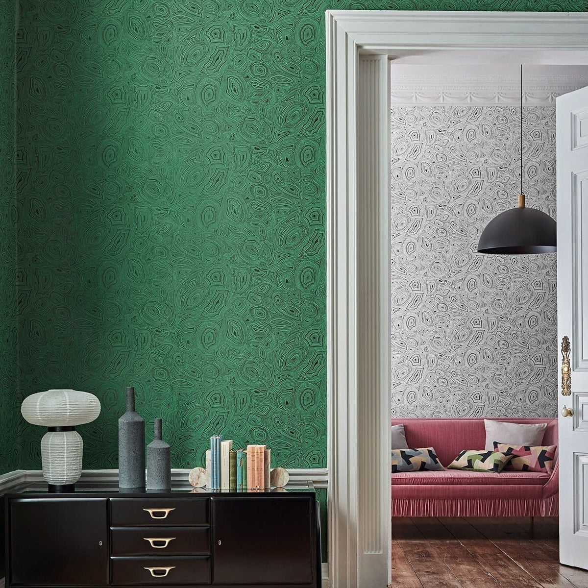 Cole & Son malachite wallpaper in Emerald & Black — lifestyle