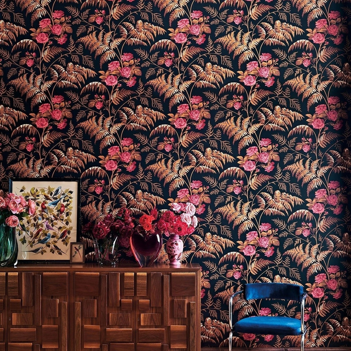 Cole & Son rose wallpaper in Rose & Burnt Orange on Black — lifestyle