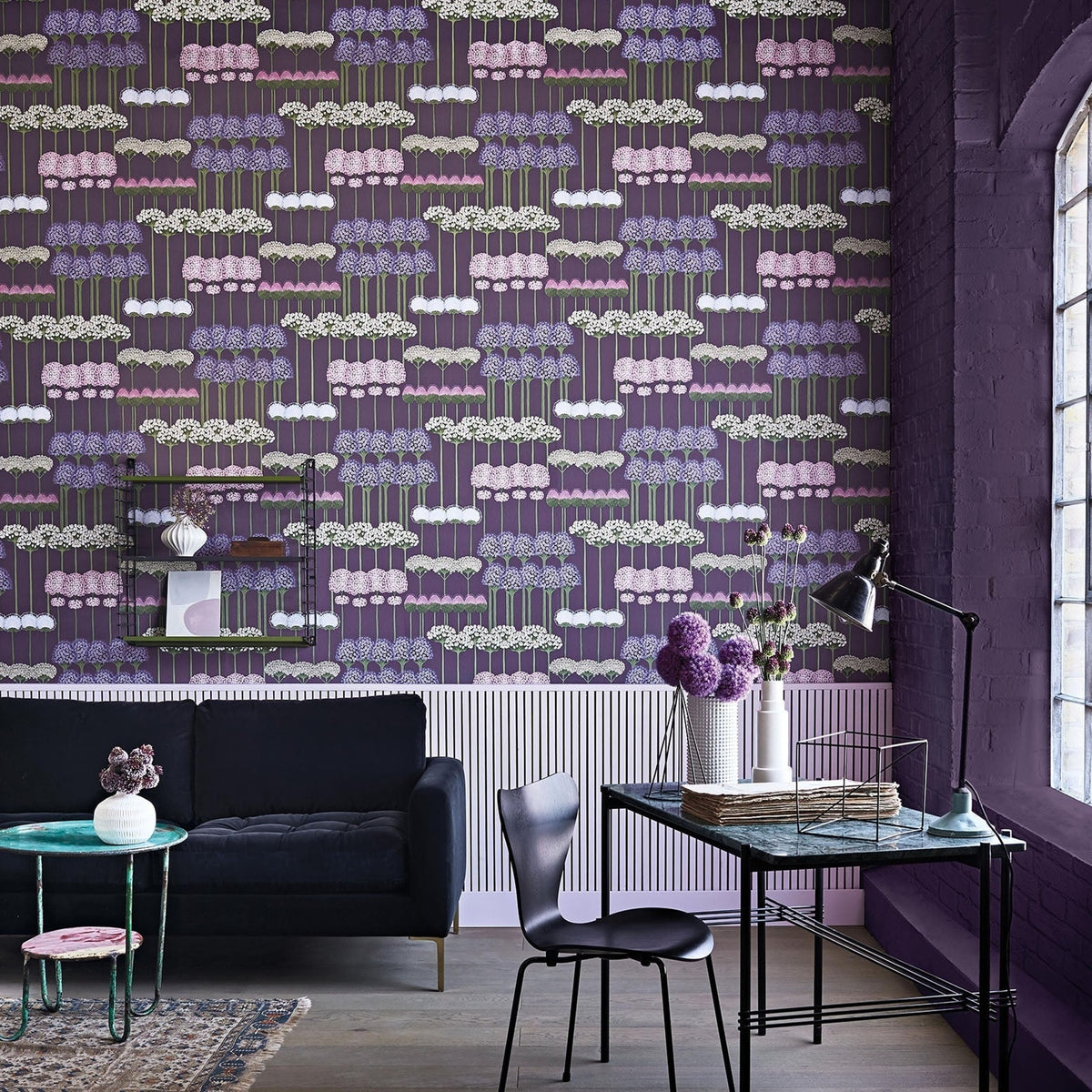 Cole & Son allium wallpaper in Mulberry & Heather on Violet — lifestyle