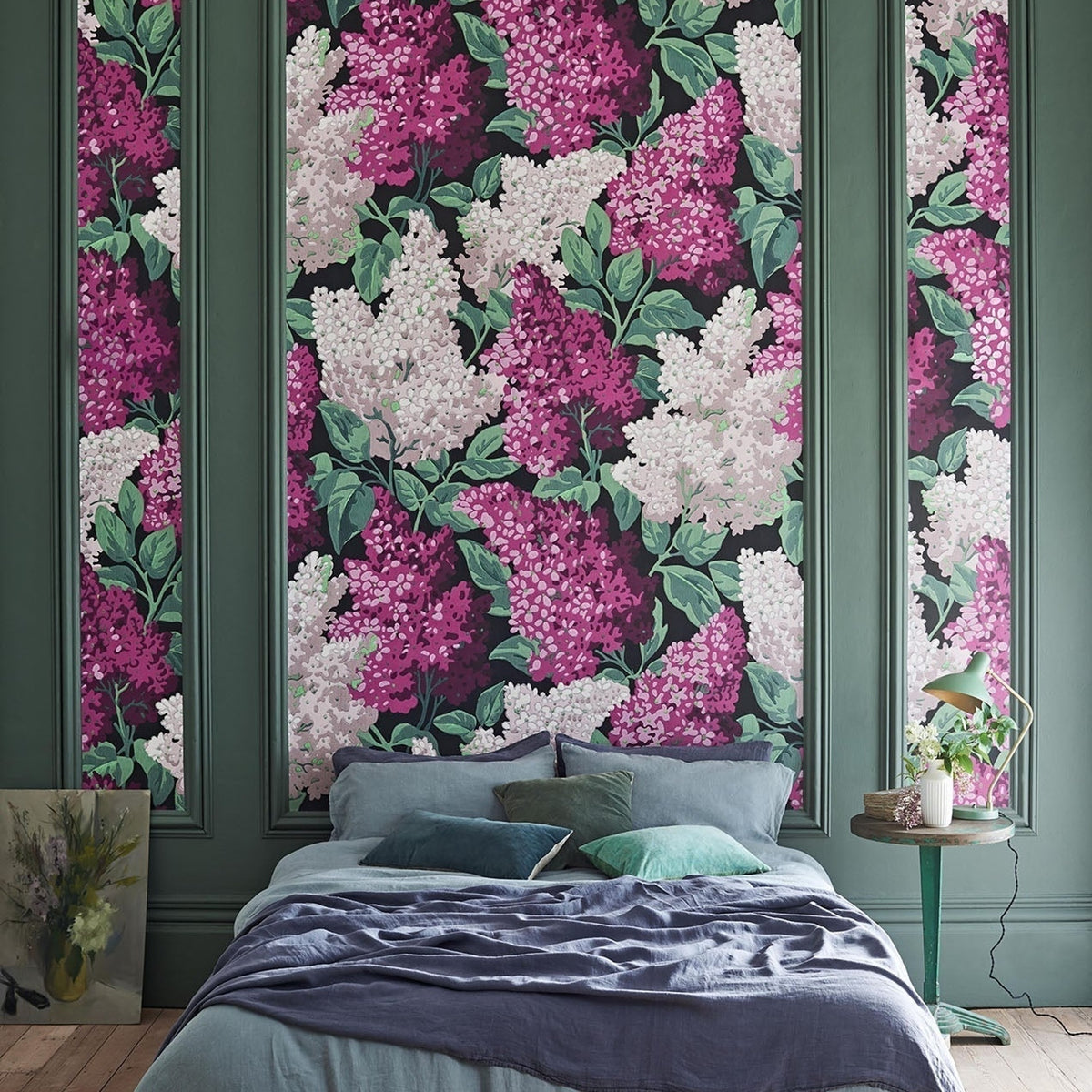 Cole & Son lilac grandiflora 2 wallpaper in Magenta & Blush on Charcoal — lifestyle