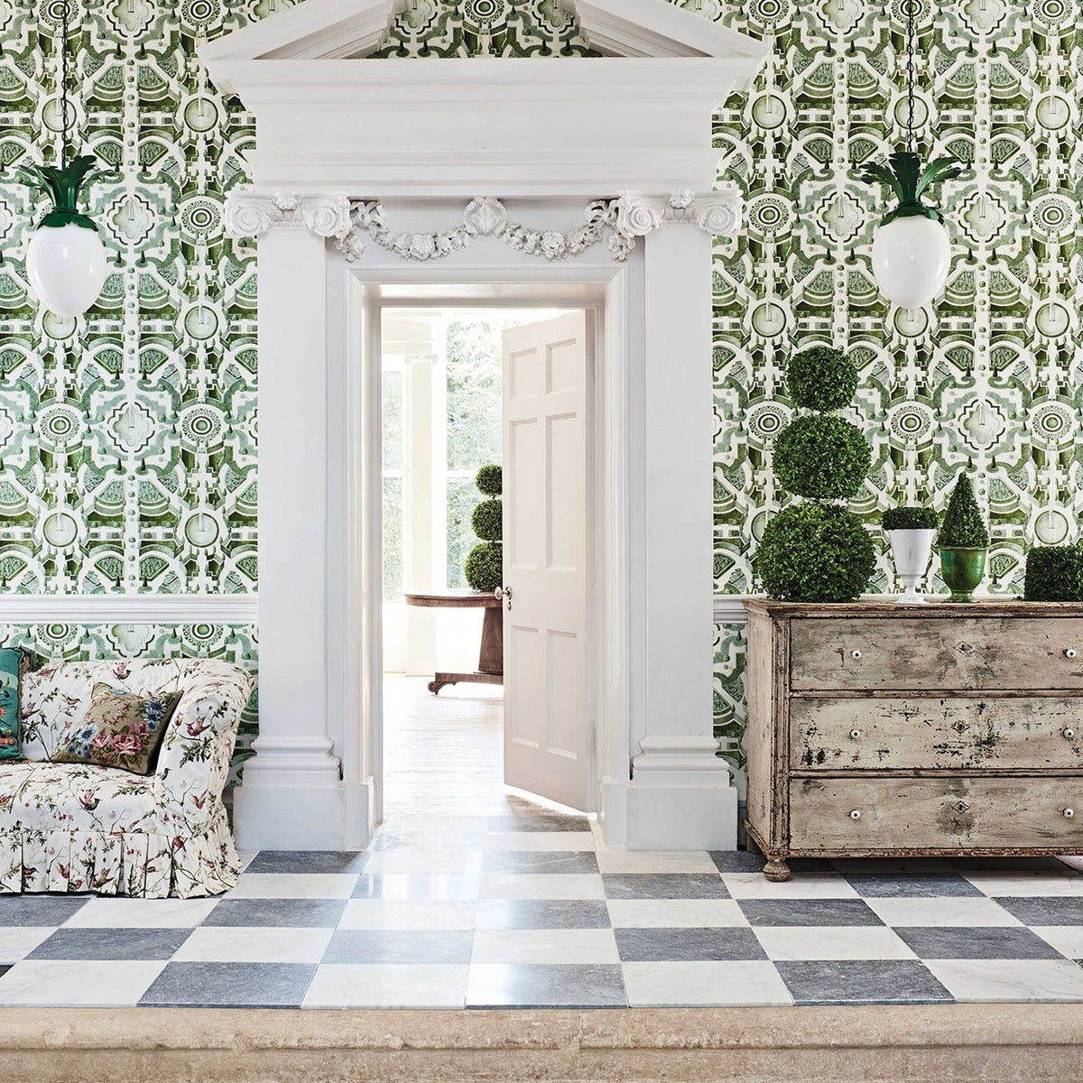 Cole & Son topiary wallpaper in Olive Green — lifestyle