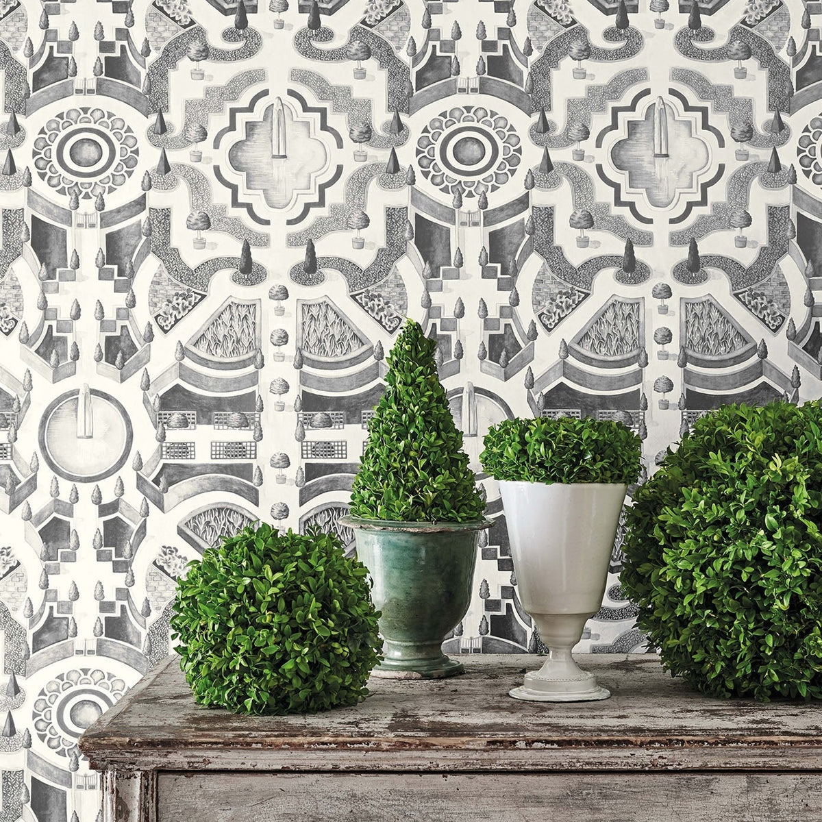 Cole & Son topiary wallpaper in Soot — lifestyle