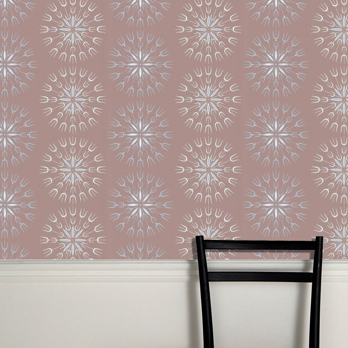 Cole & Son fioretti wallpaper in Powder Blue & Chalk on Taupe — lifestyle