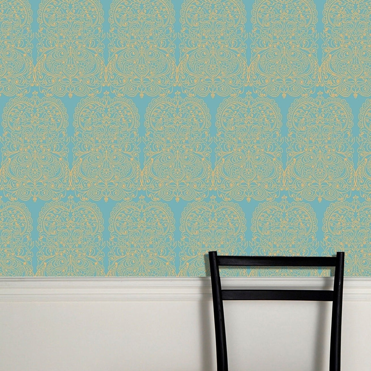 Cole & Son alpana wallpaper in Metallic Gold on Petrol — lifestyle