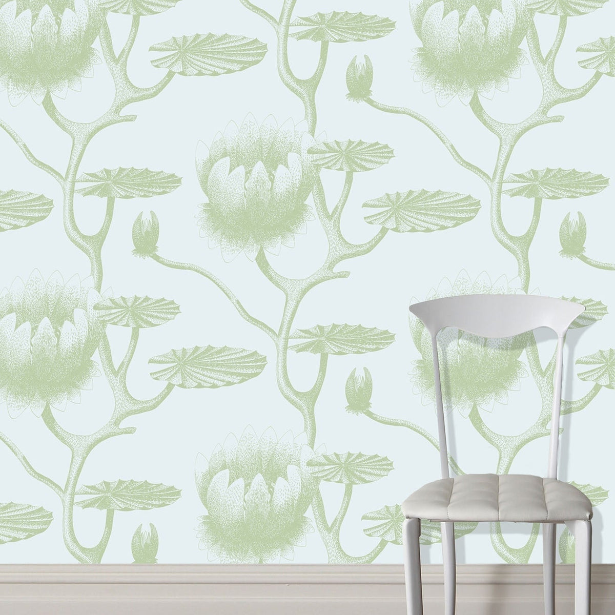 Cole & Son lily wallpaper in Olive Green on Seafoam — lifestyle