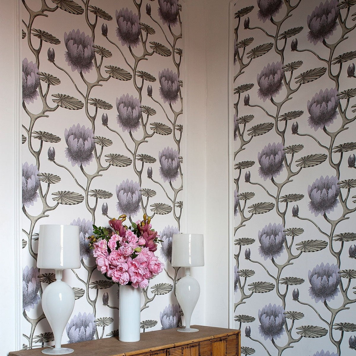 Cole & Son summer lily wallpaper in Soft Purple on White — lifestyle