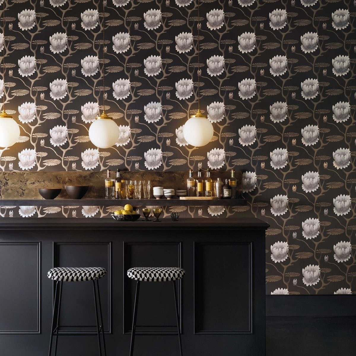 Cole & Son summer lily wallpaper in White & Metallic Gilver on Charcoal — lifestyle