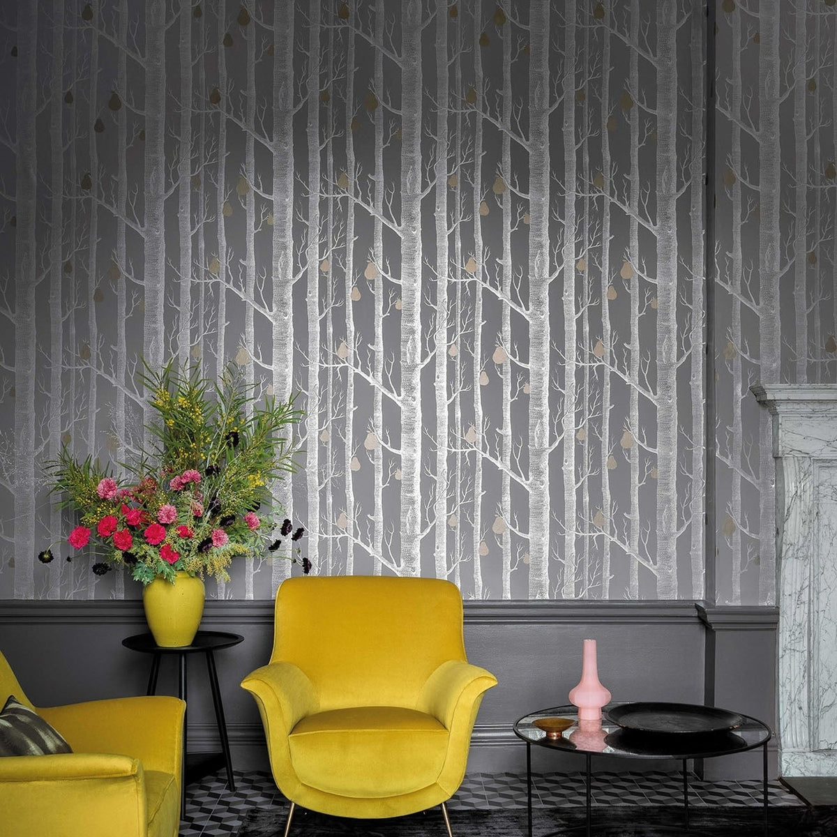 Cole & Son wood pears wallpaper in Metallic Silver & Metallic Bronze on Lilac Grey — lifestyle