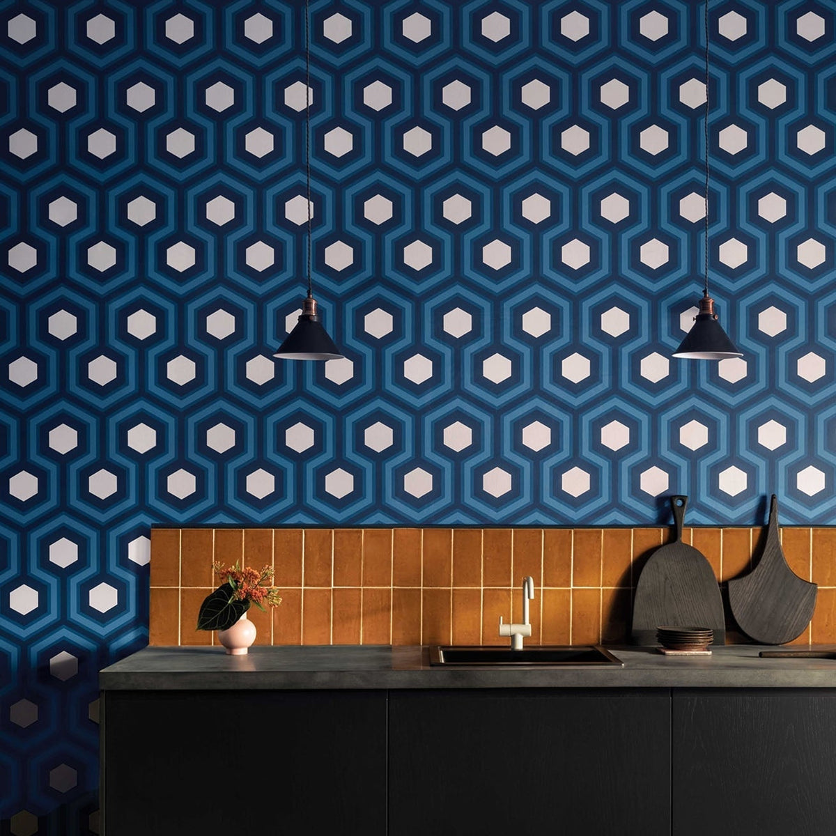Cole & Son hicks grand wallpaper in Blue & White on Navy — lifestyle