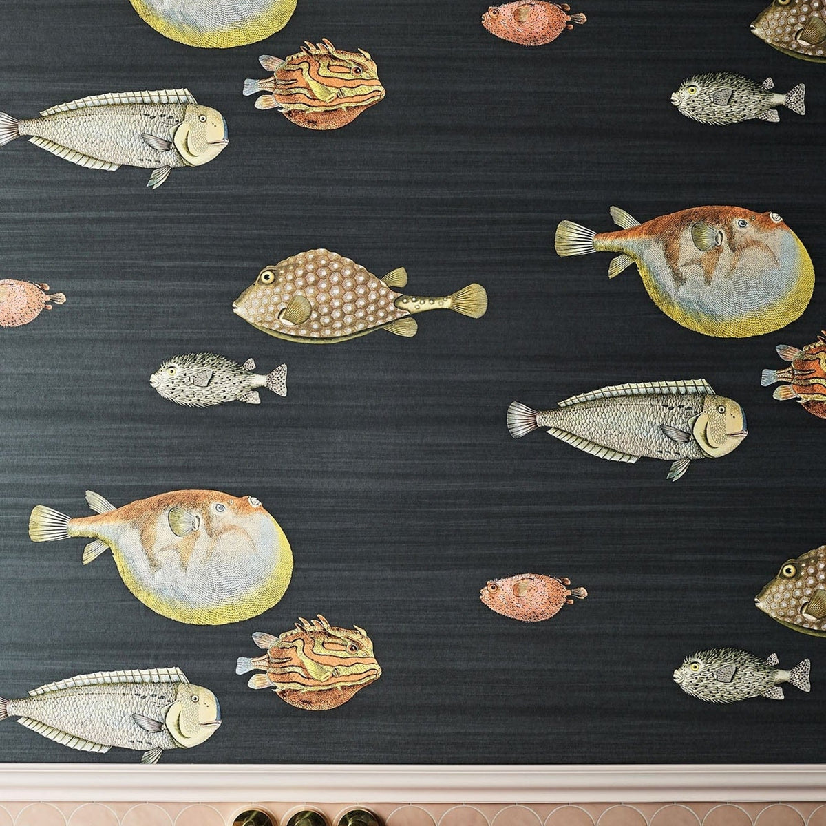 Fornasetti Acquario Black / Multi wallpaper in Charcoal — lifestyle