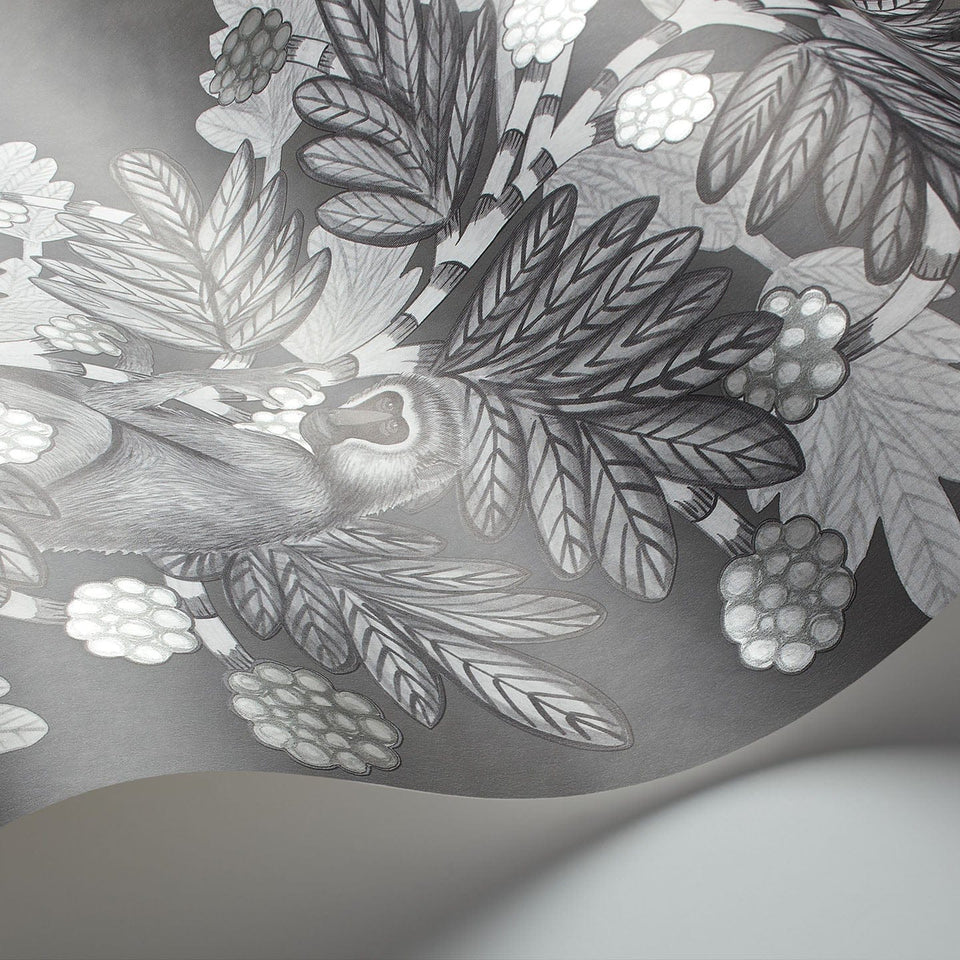 Cole & Son Acacia in Charcoal & Metallic Silver on Soot — pattern detail