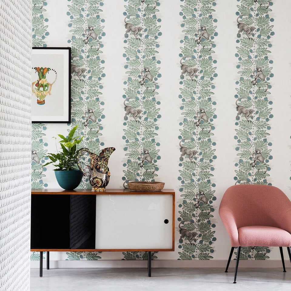 Cole & Son Acacia in Duck Egg & Print Room Blue on White — room setting