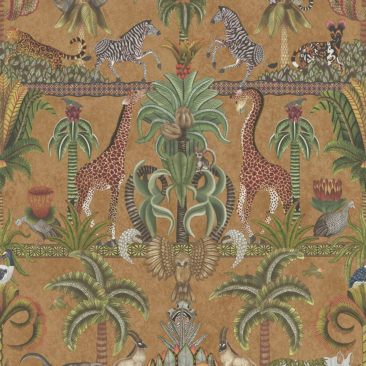 Cole & Son Afrika Kingdom in Olive Green & Spring Green on Metallic Bronze — pattern detail