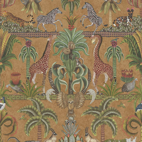 Cole & Son Afrika Kingdom in Olive Green & Spring Green on Metallic Bronze — pattern detail