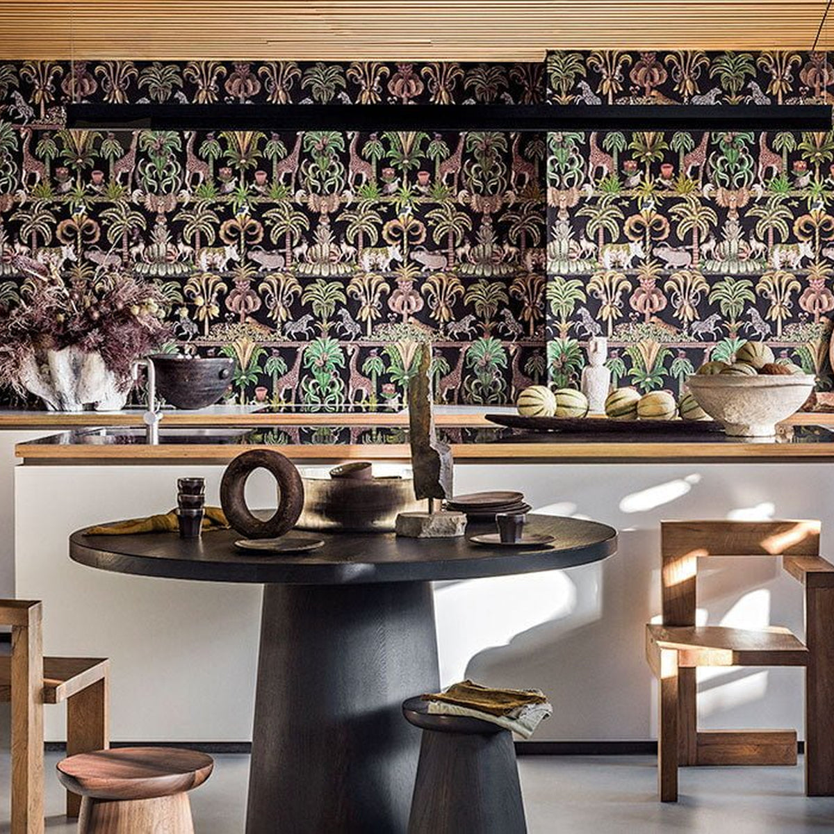 Cole & Son Afrika Kingdom in Olive Green & Spring Green on Black — room setting