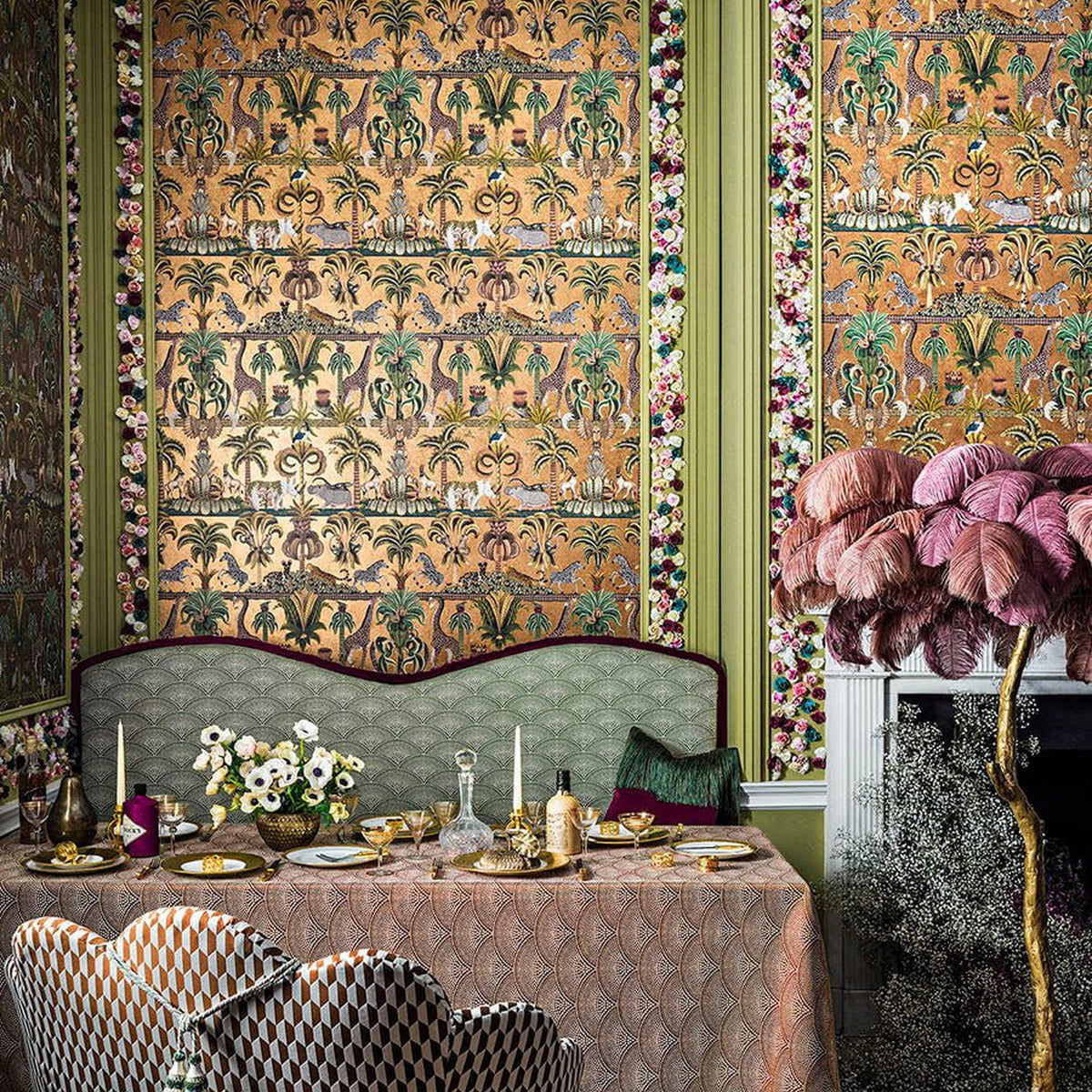 Cole & Son Afrika Kingdom in Olive Green & Spring Green on Metallic Bronze — room setting