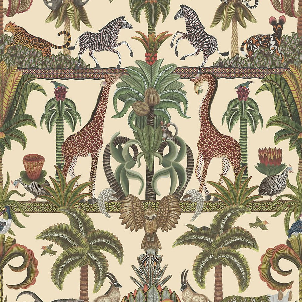 Cole & Son Afrika Kingdom in Olive Green & Spring Green on Cream — pattern detail