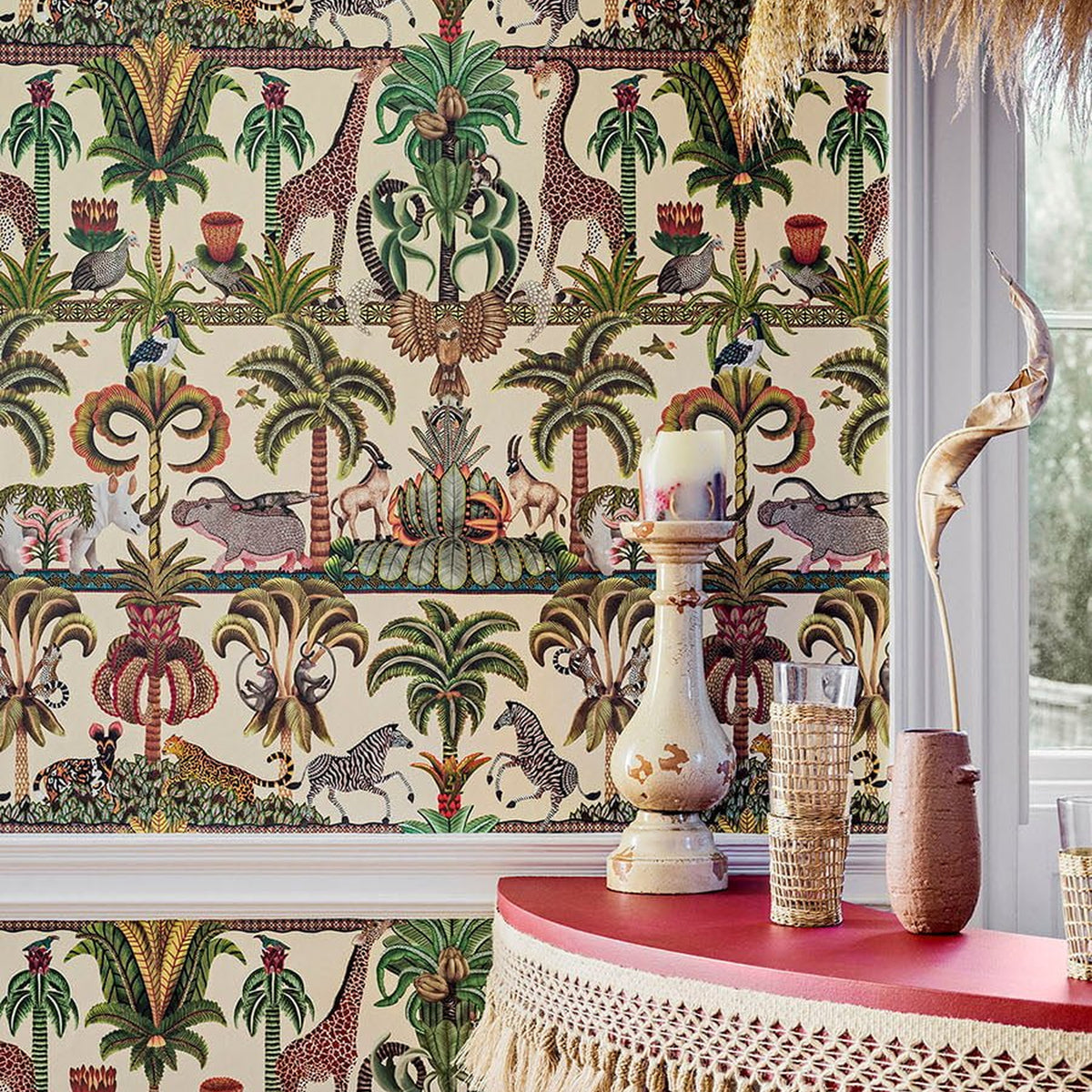 Cole & Son Afrika Kingdom in Olive Green & Spring Green on Cream — room setting